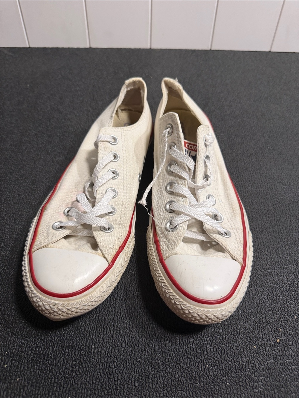 Converse Women Low-Top Canvas Sneakers in White with Red Trim
